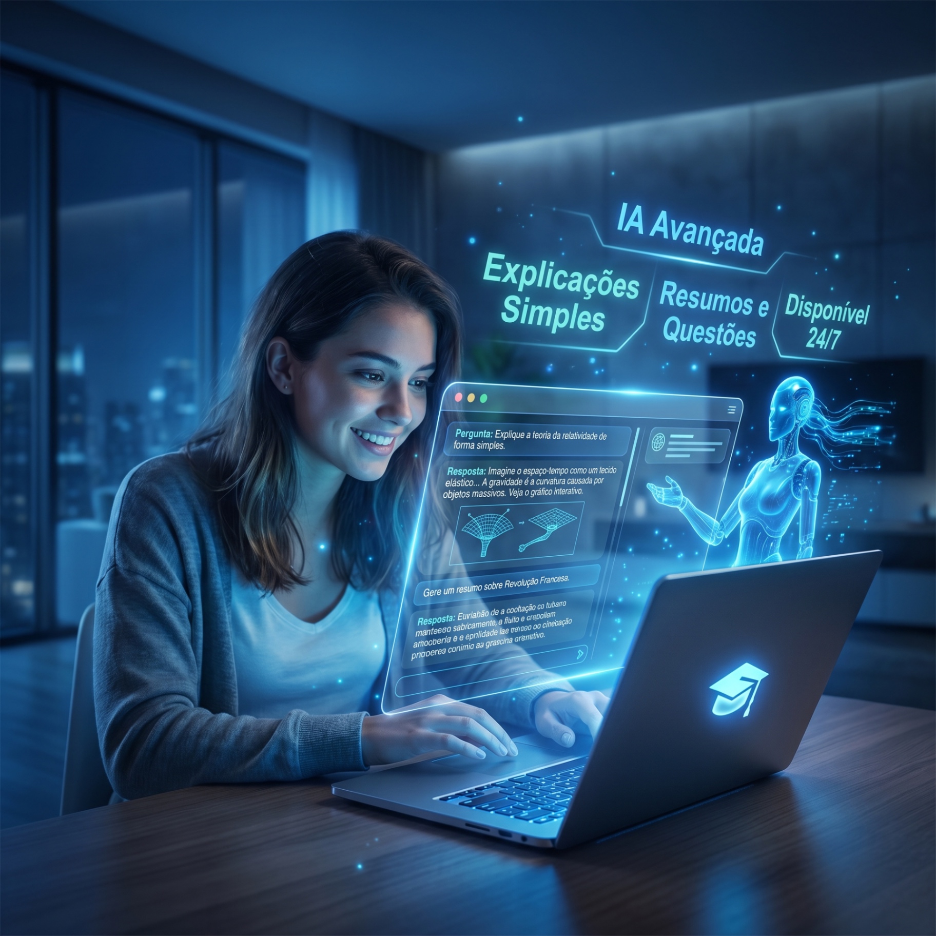 Estudante usando notebook com interface de inteligência artificial